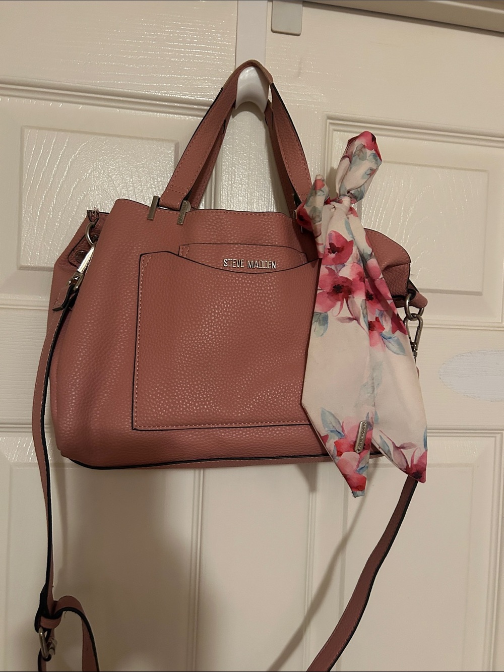 Steve Madden Pink Pebbled Leather Satchel with Floral Scarf Accent